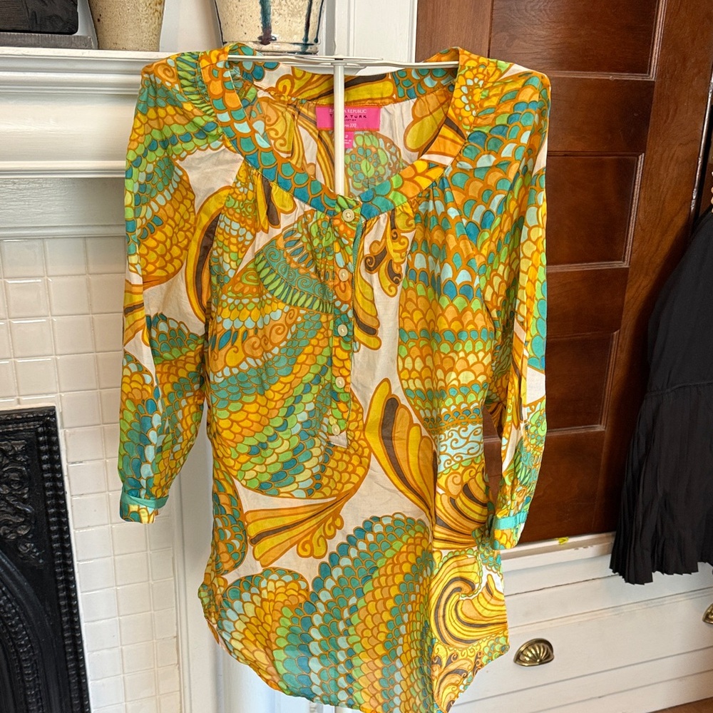 Trina Turk for Banana republic Yellow and Teal Patterned Top- worn about 3x